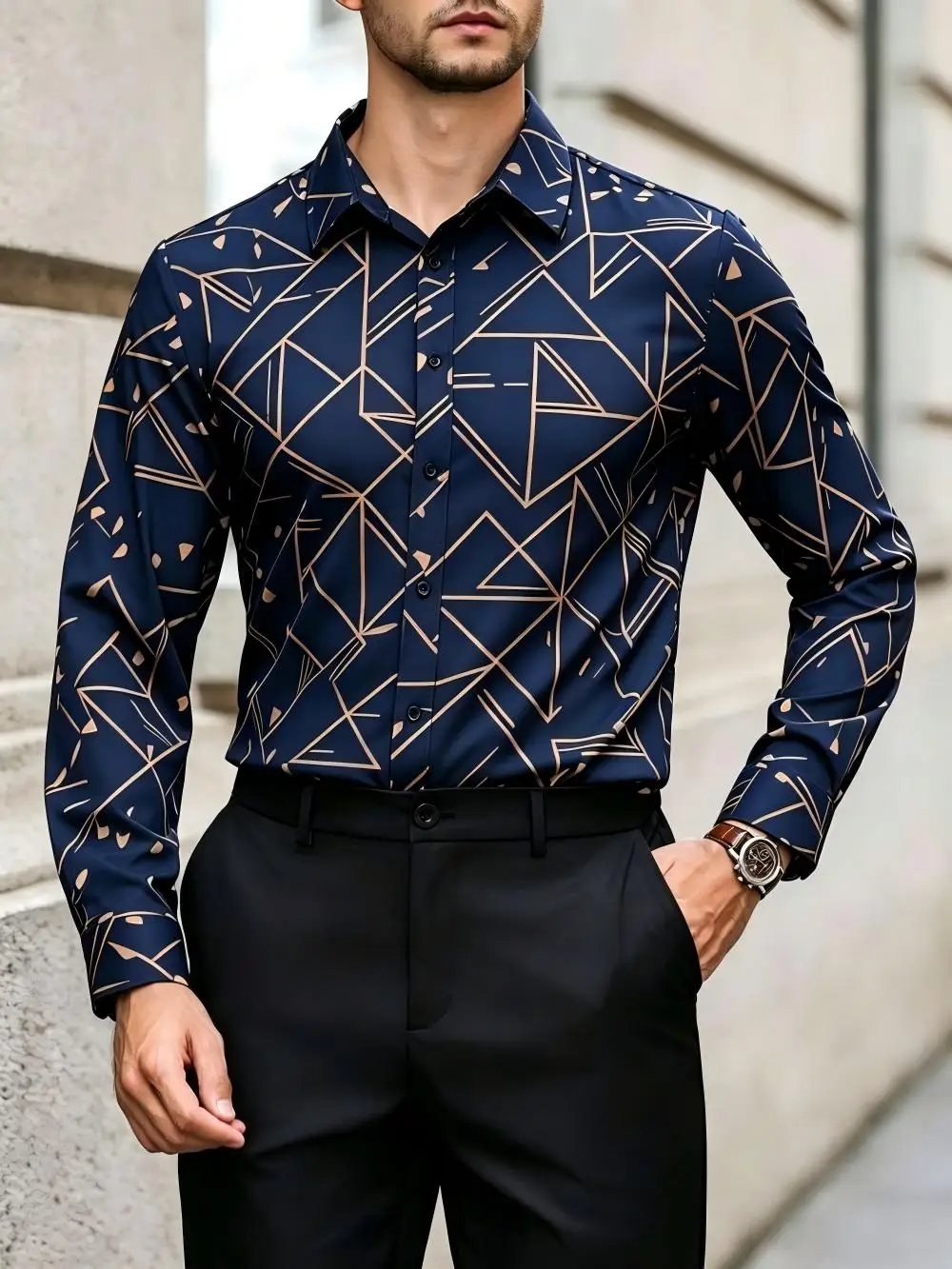 Men's geometric pattern printed shirt, business style, light luxury, classic collar slim fit, fashionable urban style