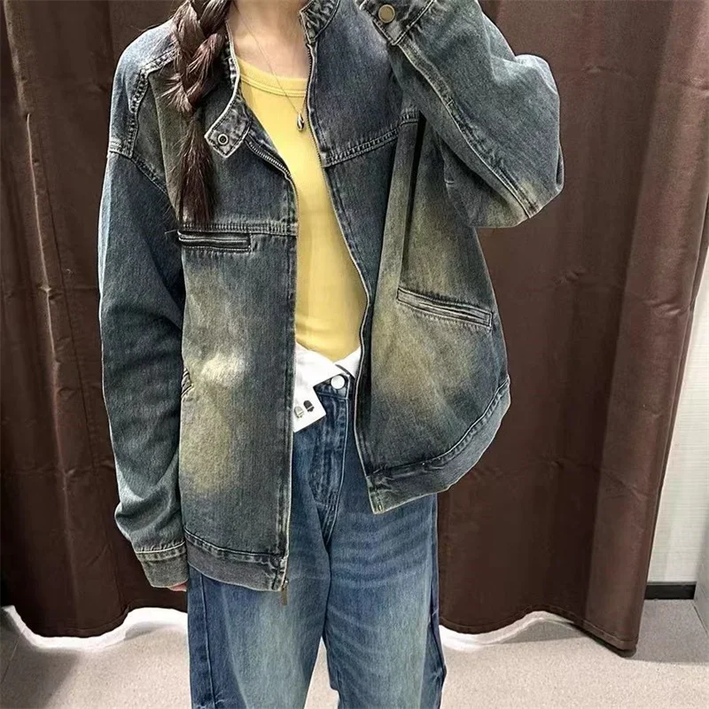 Pop 2025 Spring And Autumn New Denim Jacket For Female Students Korean Edition Loose Retro Fashion Round Neck Autumn Jean Coat T