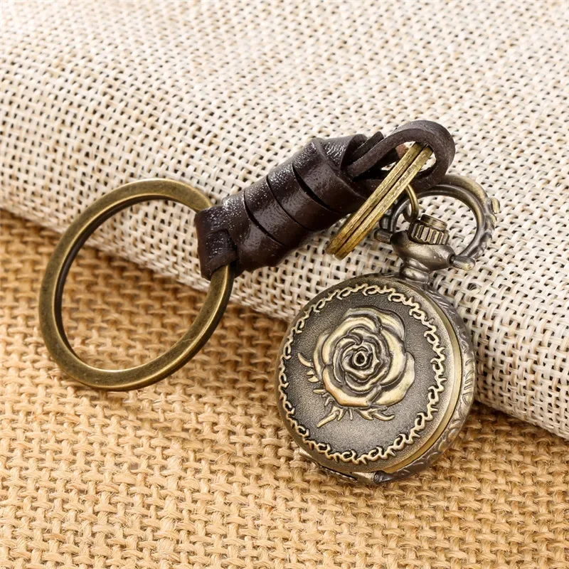 Retro 3D Engraved Rose Flower Case Pendant Quartz Pocket Watch with Key Ring Small Size Clock Arabic Number Display Collectable