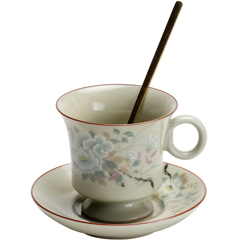 

Ru kiln flower and bird picture retro coffee cup office ceramic cup household latte flower tea niche teacup with bottom holder