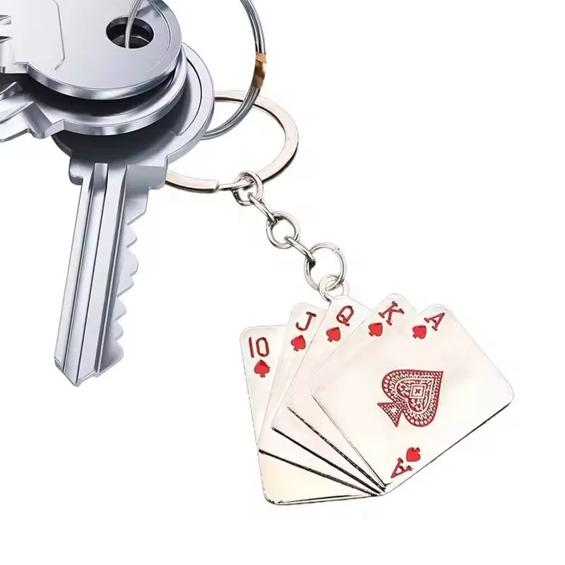 Creative Rhinestone Stainless Steel Fortune Playing Cards Keychain Men Poker Lucky Ace of Spades Pendant Bag Car Accessories