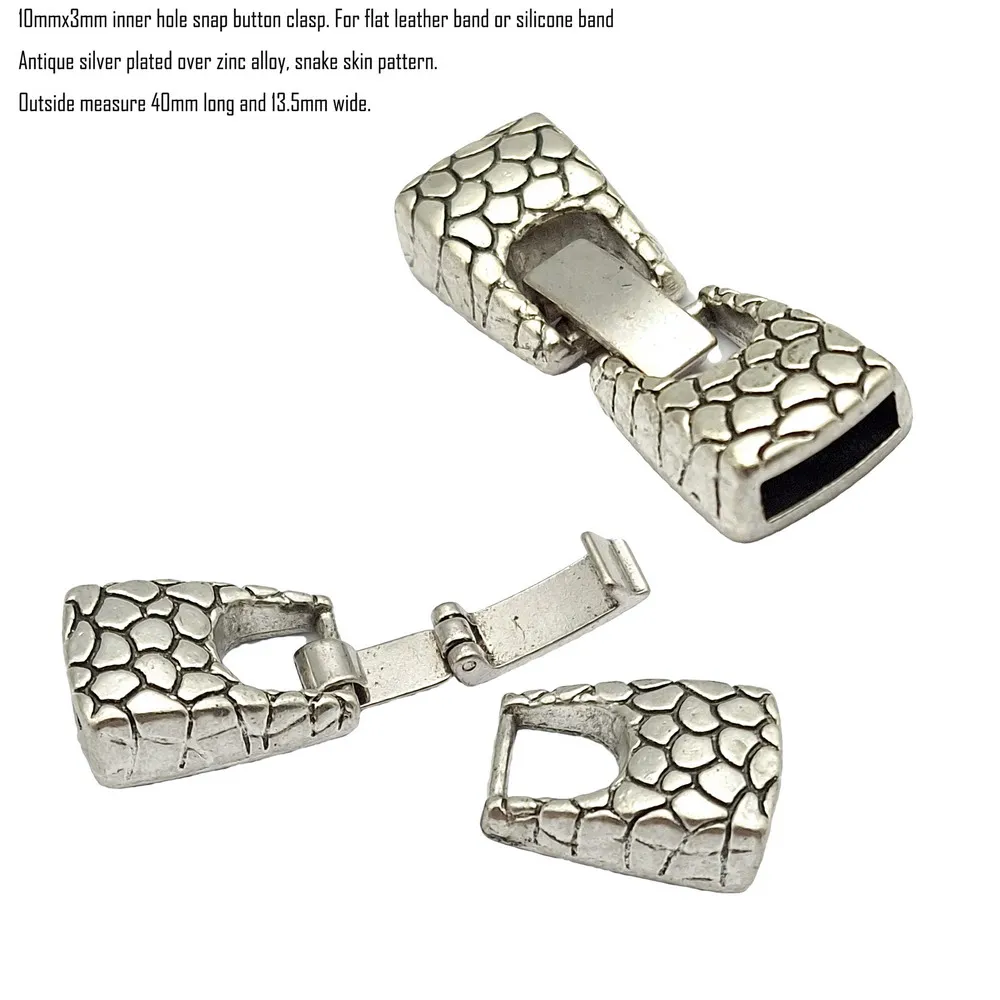 5 Pieces Snake Skin Patter Antique Silver Snap Button Clasps for Bracelet Making 10mmx3mm Inner Hole to Hold 10x2mm Leather Band