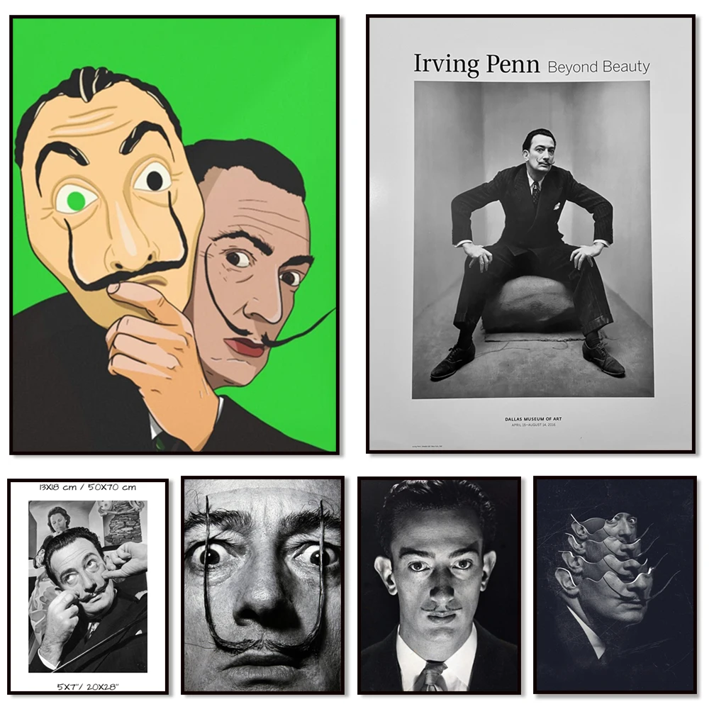 Salvador Dali Surrealist Artist Exhibition Poster, Beard Portrait Minimalist Canvas Retro Wall Art Printed Poster Decoration Gif