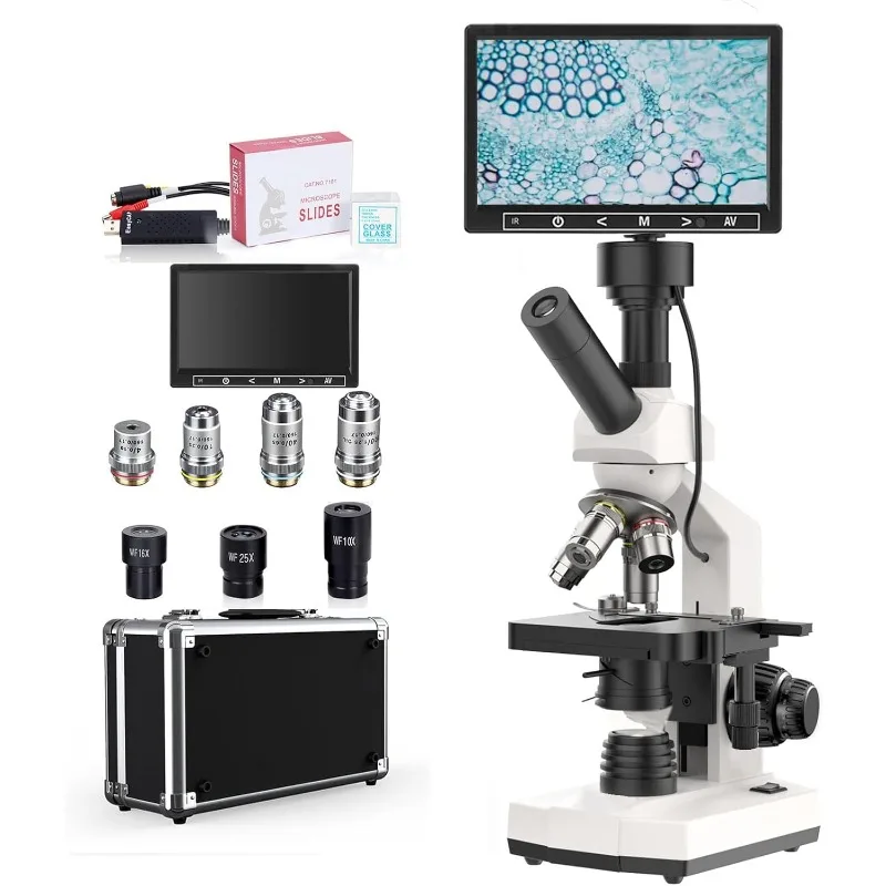 Monocular Microscope 40X-2500X Magnification   Wide-Field 10X 16X 25X Eyepiece, Built in 5MP Camera, Double Layer Mechanical