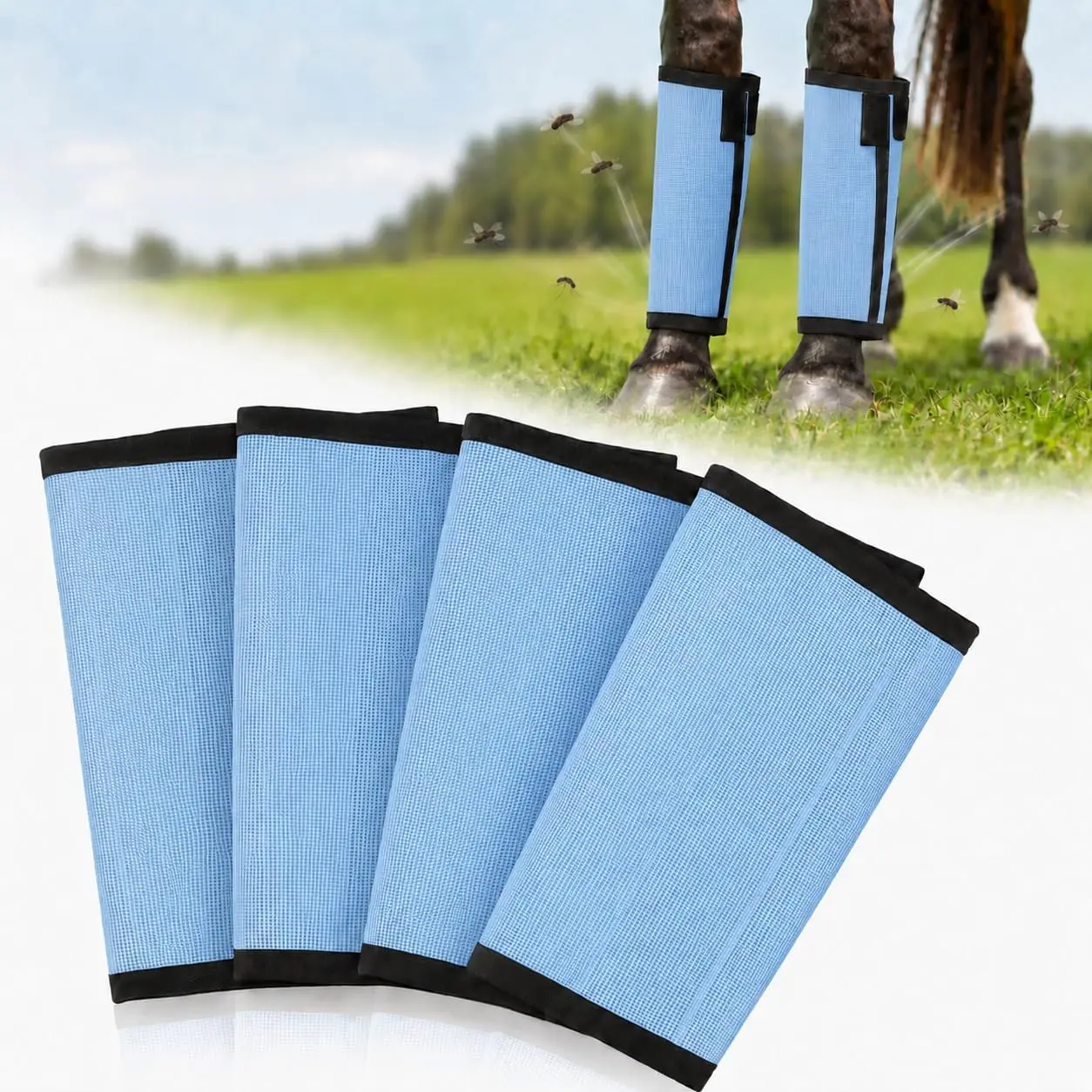 Fly Boots for Horses Set of 4 Breathable Mesh Equine Leg Protection Anti-Sag Stay-On Horse Fly Boots & Fatigue UV-Block