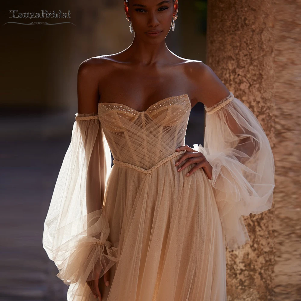 

Champagne Soft Tulle Detachable Wedding Sleeves Long Lantern Fingerless Gloves Chic Bridal Accessories DG224