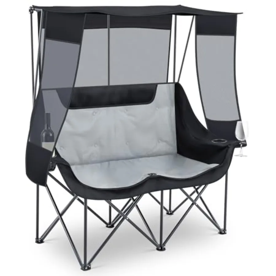 

Двухместное усиленное кресло для кемпинга с навесом и подстаканником, синее, для улицы, пляжа, газона, спорта, портативное складное кресло