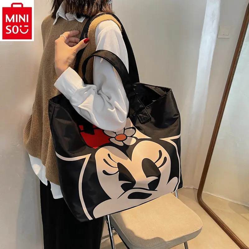 MINISO Disney Cartoon Mickey Donald Duck Simple Canvas Bag Fashion Women's Casual Large Capacity One Shoulder Handheld Tote Bag