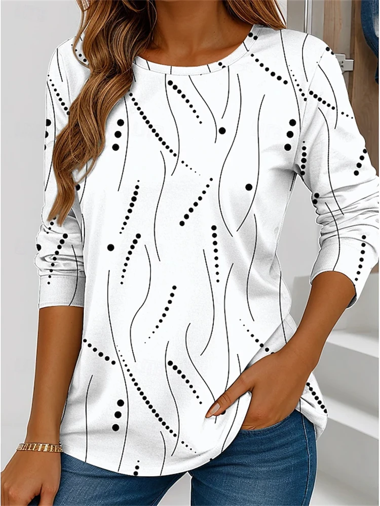 Fall Women's Long-Sleeve Casual T-Shirt with Simple Print and Round Neck Elegant and Professional Perfect for The Workplace