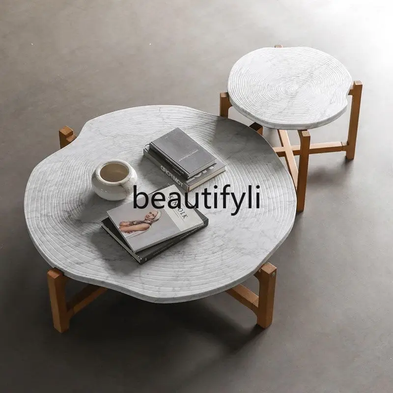 Nordic solid wood marble round coffee table combination small apartment ring small tea table living room