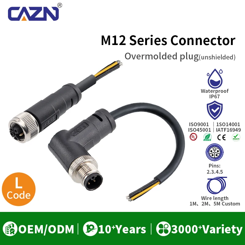 M12 L-Coded Overmolded Plug Unshielded Male Female 3 4 5 Pin 1/2/5m PVC Brass Contact IP67 High-Current Power Connector