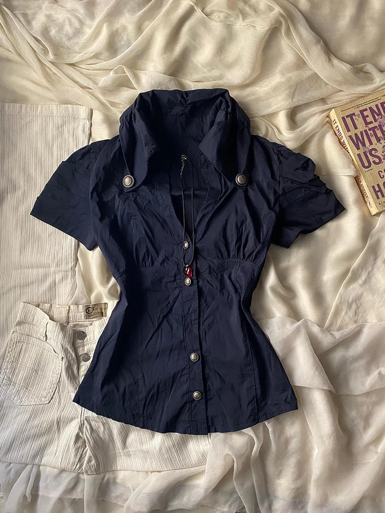 Slimming Blue Vintage irt Original Design Cotton Blend ort Sve  Ne Regular Fit Commute Sle for Young Women