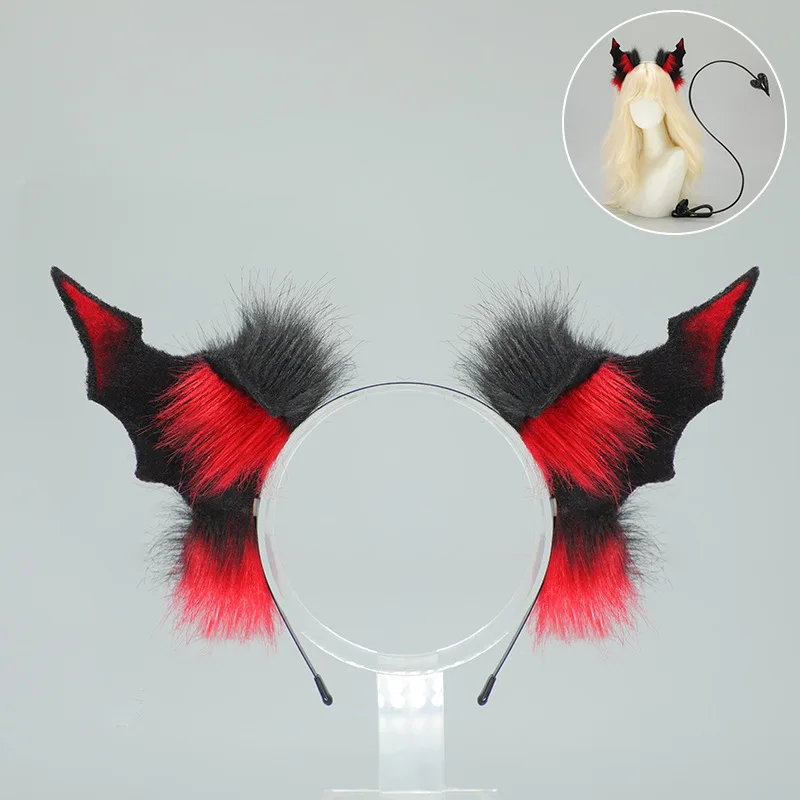

Dark Halloween Devil Horns Headband with Bat Ears & Devil Tail Set Gothic Cosplay Props for Comic Con Party