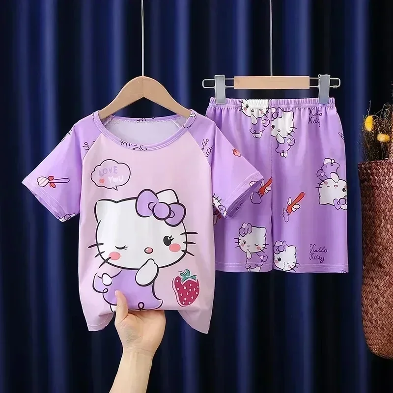 Sanurgente Kuromi Cinnamoroll Pyjama pour Enfants, Hello Kitty, Anime Kawaii, My Melody Baby Girl, Sweet Cartoon, Casual Thin Home Outfit