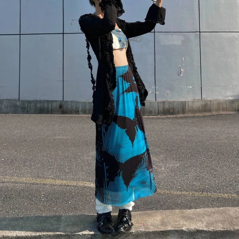 2025 New Black and Blue Butterfly Printed Mesh Korean A Line Skirts Tulle Skirt for Women Summer Outfits for Women