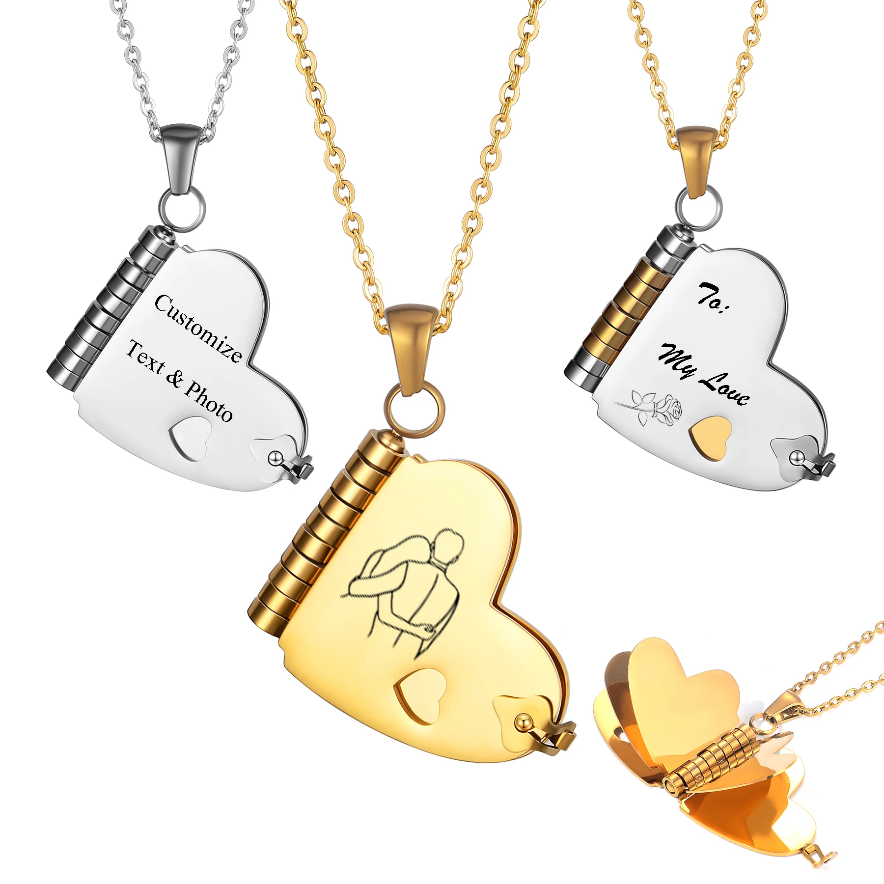 

Personalized Stainless Steel Heart Book Pendant Necklace Custom Message Text Photo Bible Words Jewelry Gift For Women Men