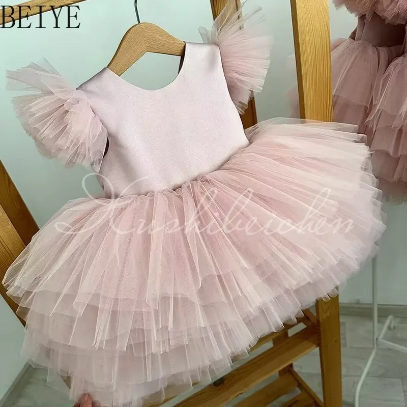Elegant Pink Baby Girl Baptism Gown Puffy Tulle Flutter Multi Layer Ruffle Tutu Dress Toddler Birthday Wedding Flower Girl Dress