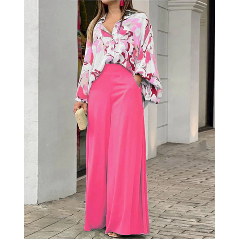 Women\'s Floral Print Long Sleeve Shirt Top and High Waist Wide Leg Pants Sets, Casual Oversized Outfits, Korean Style, Summer