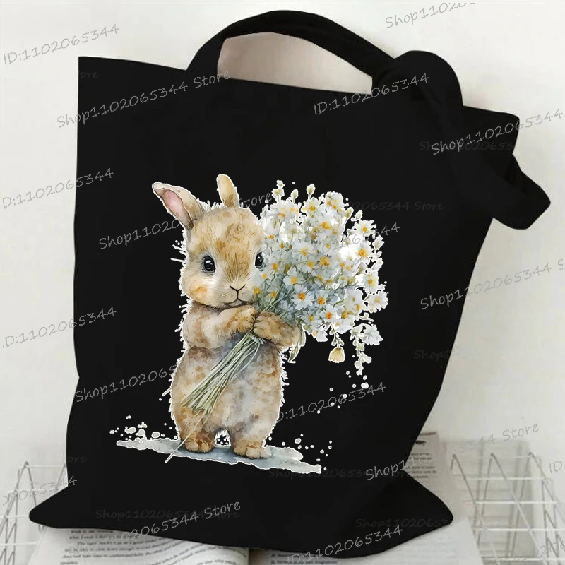 Women's Handbags Cottontail Bunny Club Print Storage Shopping Bag Cute Little Bunny Canvas Tote Bags Rabbit Cartoon Shoulder Bag