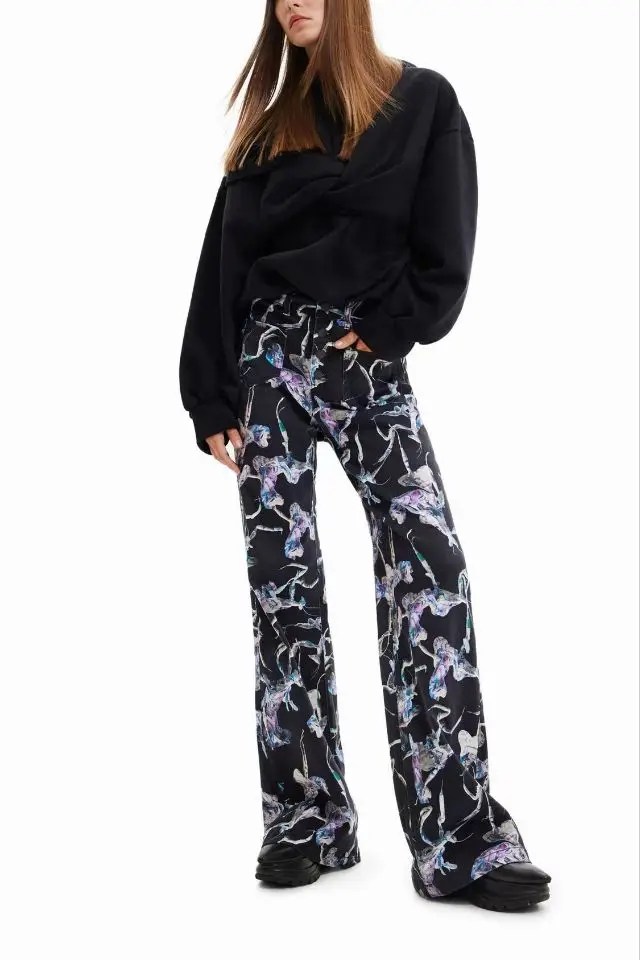 Spanish Foreign trade spring fall black fashion beautiful printed wide leg slim jeans