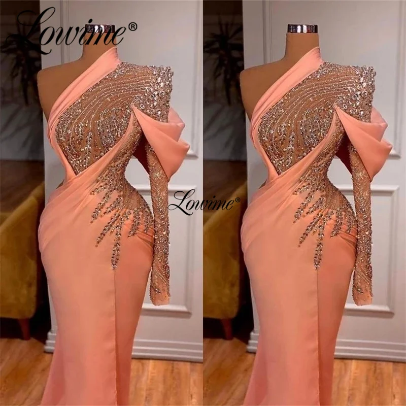 

Lowime Arabic One Shoulder Long Party Dresses Blush Pink Mermaid Beaded Evening Gowns Satin Formal Prom Dress Vestido De Festa