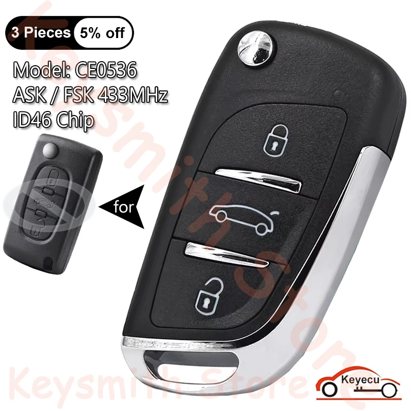 KEYECU 3 przyciski ASK FSK 433 MHz ID46 Chip do Peugeot 207 208 307 308 408 Partner Auto Upgraded Flip Remote Key Fob CE0536