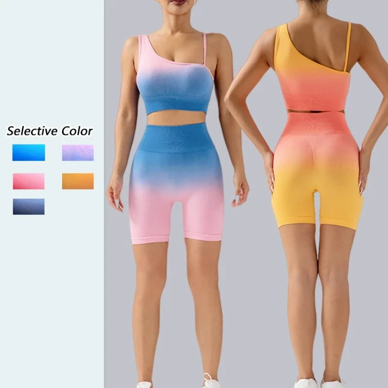 

Sexy Gradient Seamless Tie-Dye Yoga Set Expect Bra Sling + High Waisted Hipster Shorts Women's Exercise & Fitness Set