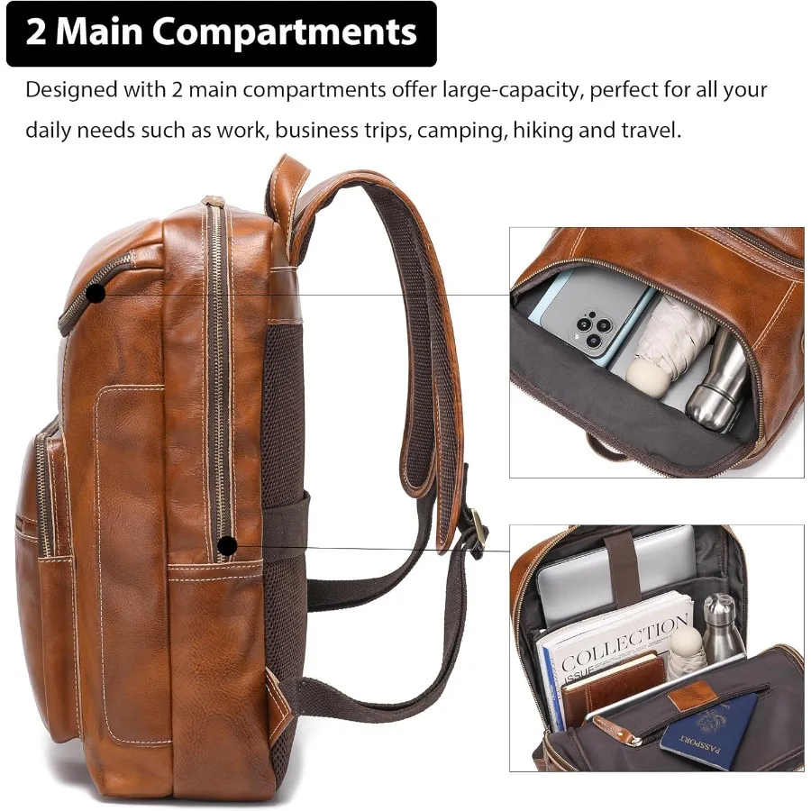 حقيبة ظهر من الجلد المدبوغ بالخضراوات من LANNSYNE للرجال مقاس 17 بوصة حقيبة ظهر للكمبيوتر المحمول كاجوال للعمل في الهواء الطلق حقيبة ظهر للسفر بسحابات YKK #3