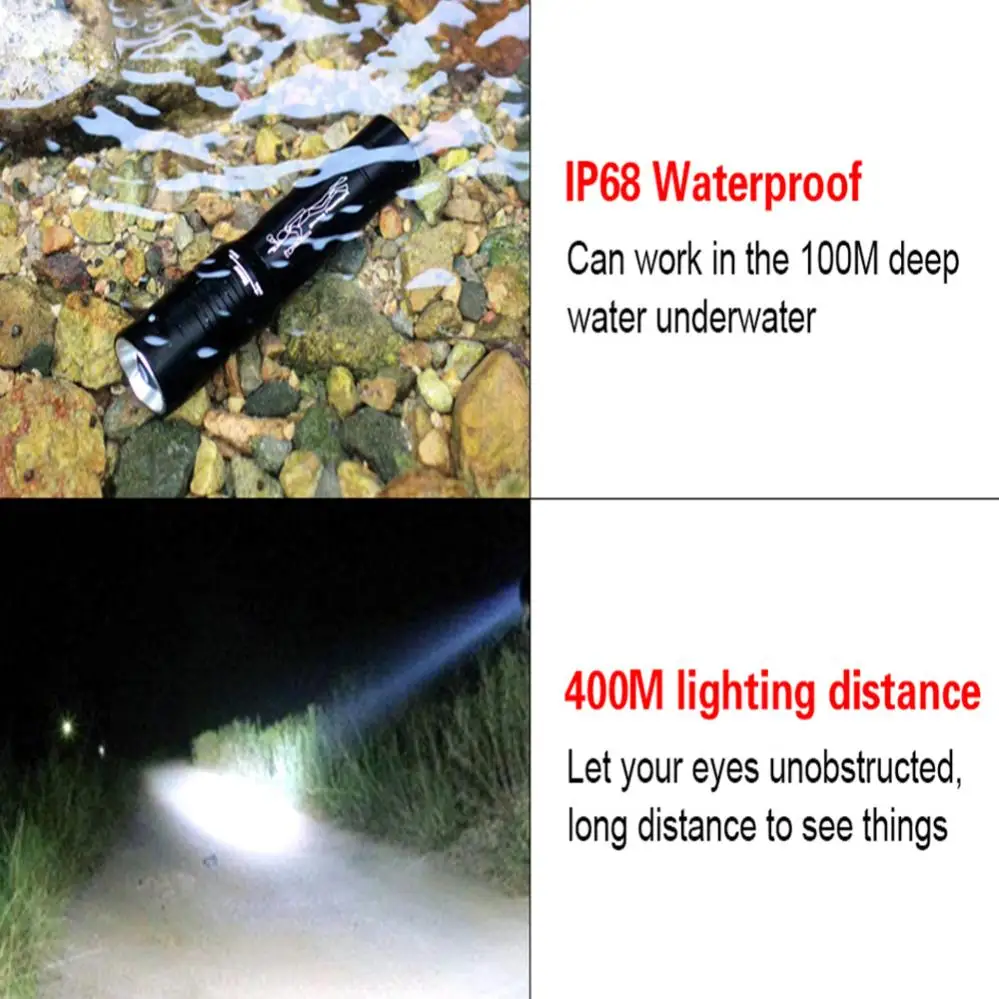 Mini Diving Flashlight Underwater 30m Rotate Focus Zoom XML T6 LED Diving Torch Bright IPX8 Waterproof Dive Light Lamp 18650