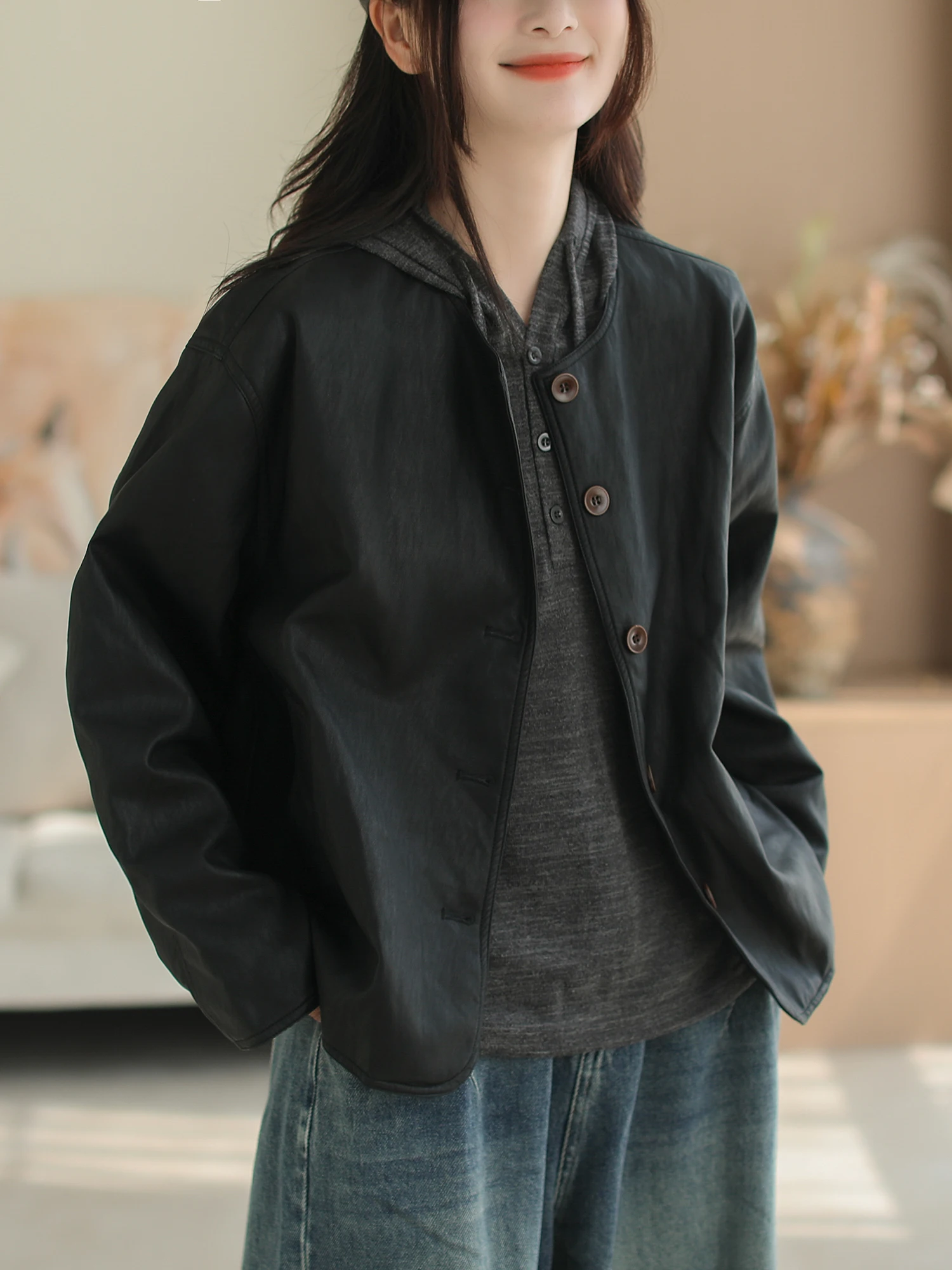 Cyu 秋のファッション PU レザーコート ラウンドネック スリミング レディース トップス カジュアル スタイル ルーズフィット 長袖 コットンブレンド