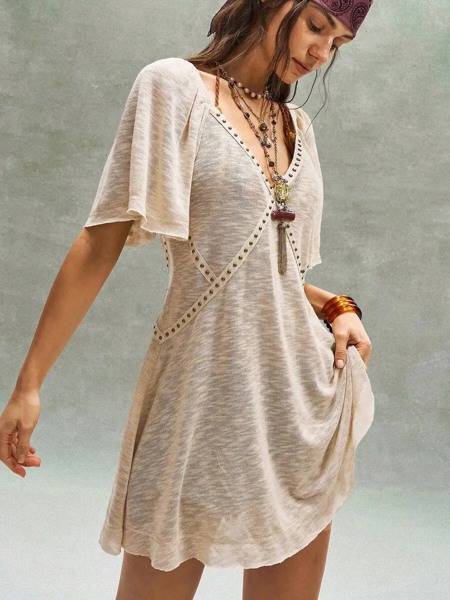 

Women Casual Vintage Rivet Detail Short Sleeve Mini Dress Bohemian Summer Resort Beach Cover Up