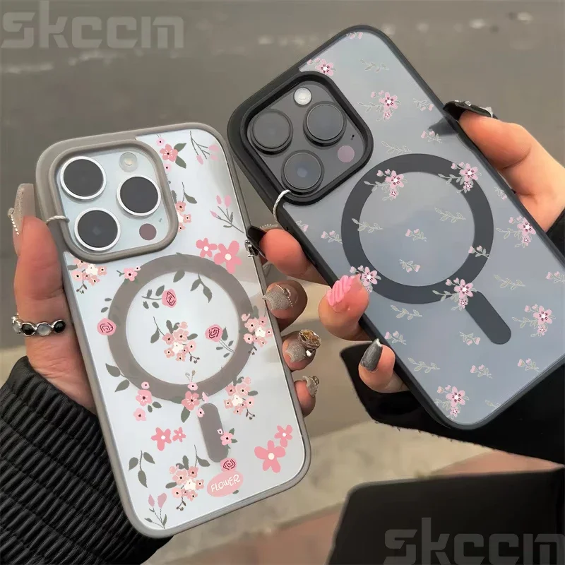 Flor transparente caso para iphone 16e 16 15 14 13 11 12 pro max plus x xs max xr magsafe magnético carga sem fio capa do telefone