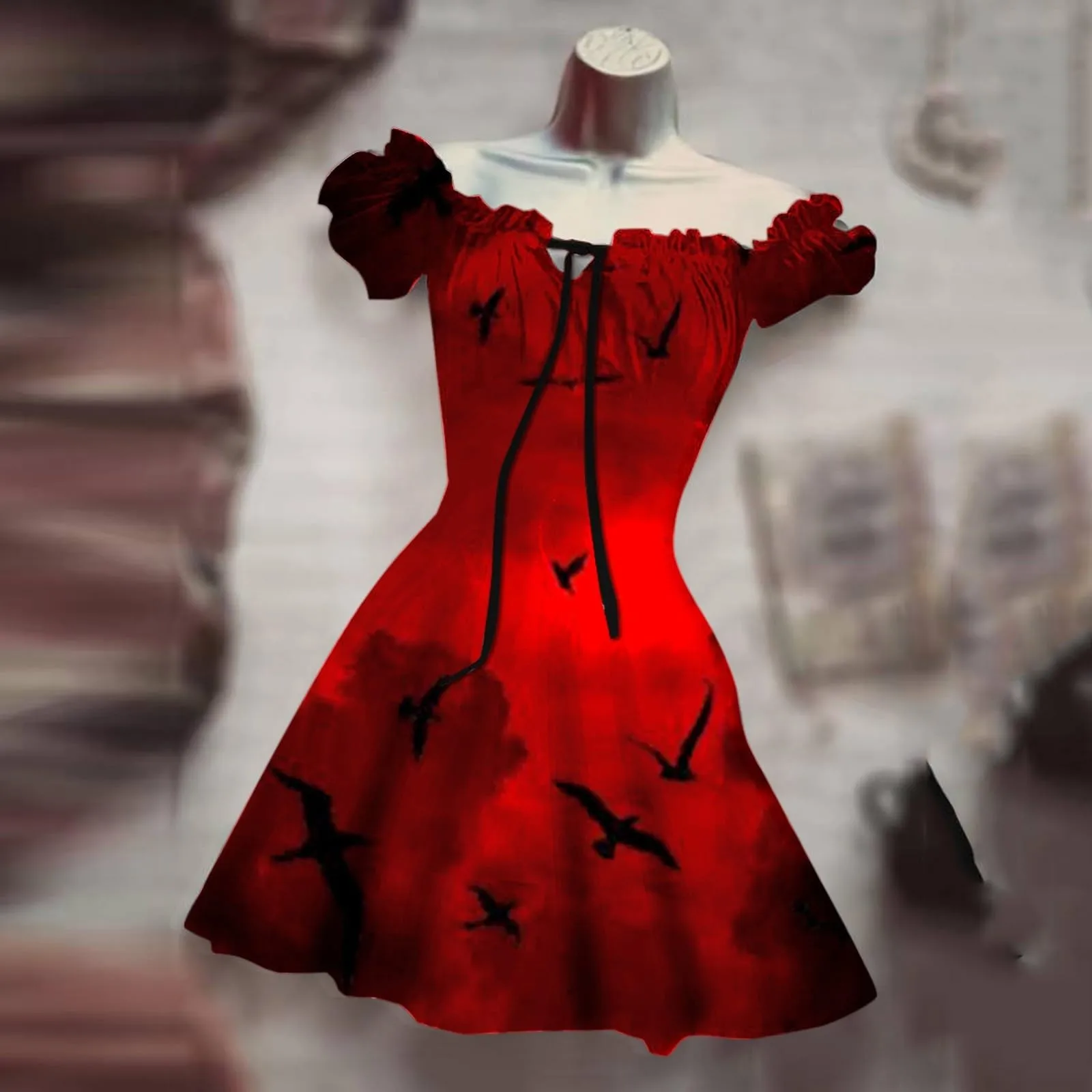 

Women's Halloween Mini Dress Puff Sleeves Vintage Bat Blood Print Gothic Dress Plus Size Drawstring Sexy Party Dresses Vestidos