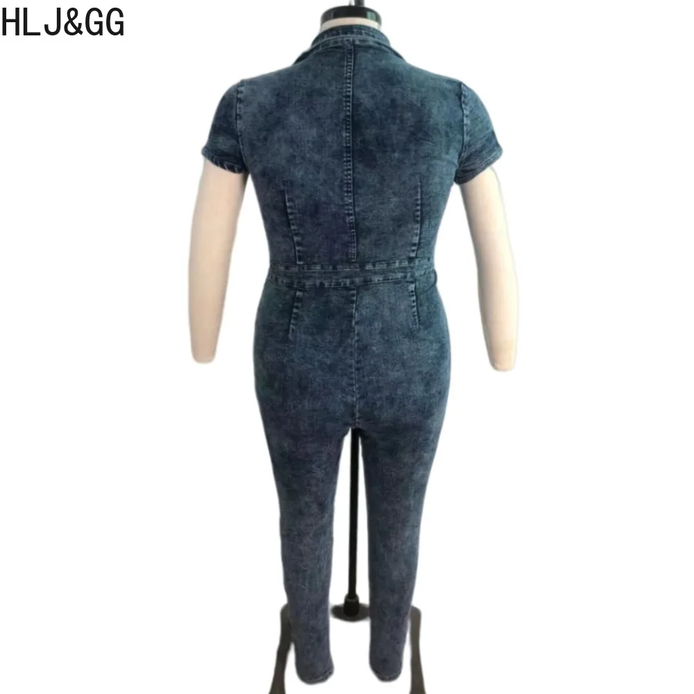 HLJ&GG Dark Blue Plus Size Solid Zipper Bodycon Jumpsuits Women Turndown Collar Elasticity Skinny Pants Playsuits Female Overall