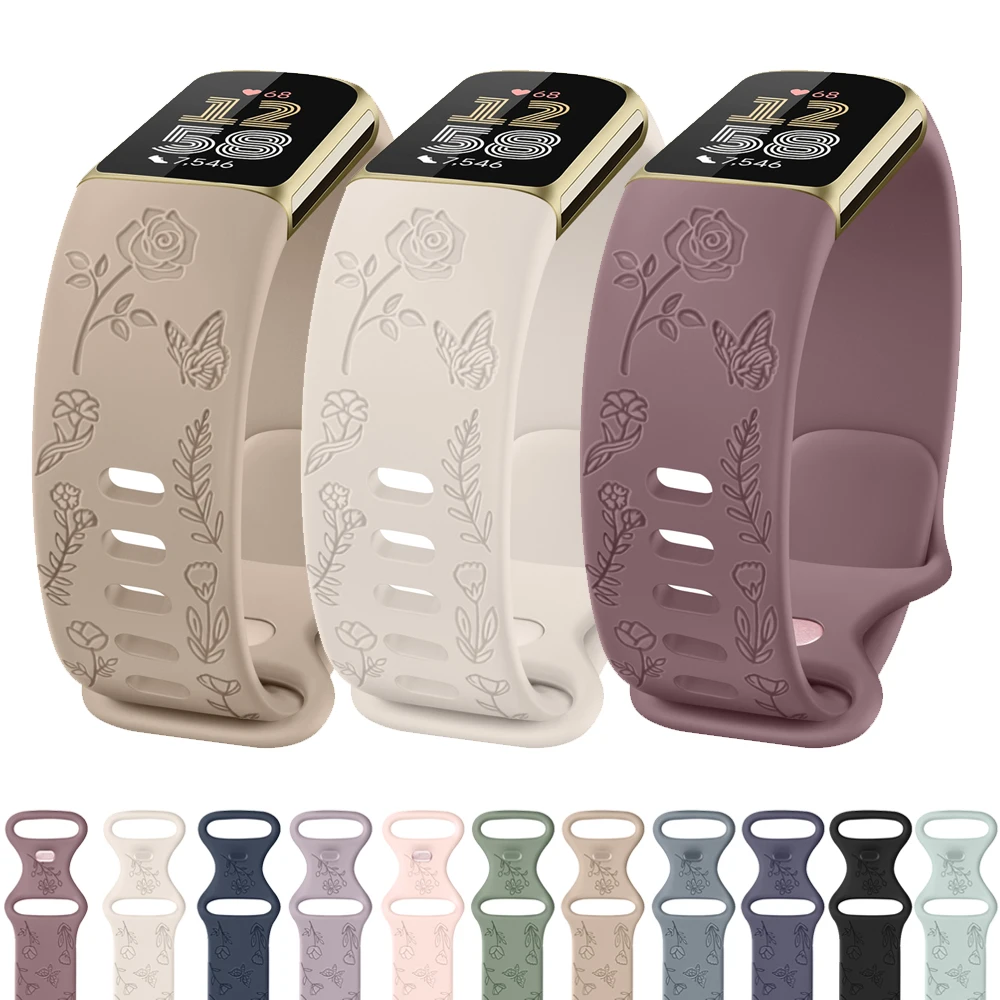 Correa de silicona suave con grabado de flores para Fitbit Charge 5/Charge 6, accesorio de pulsera para reloj deportivo