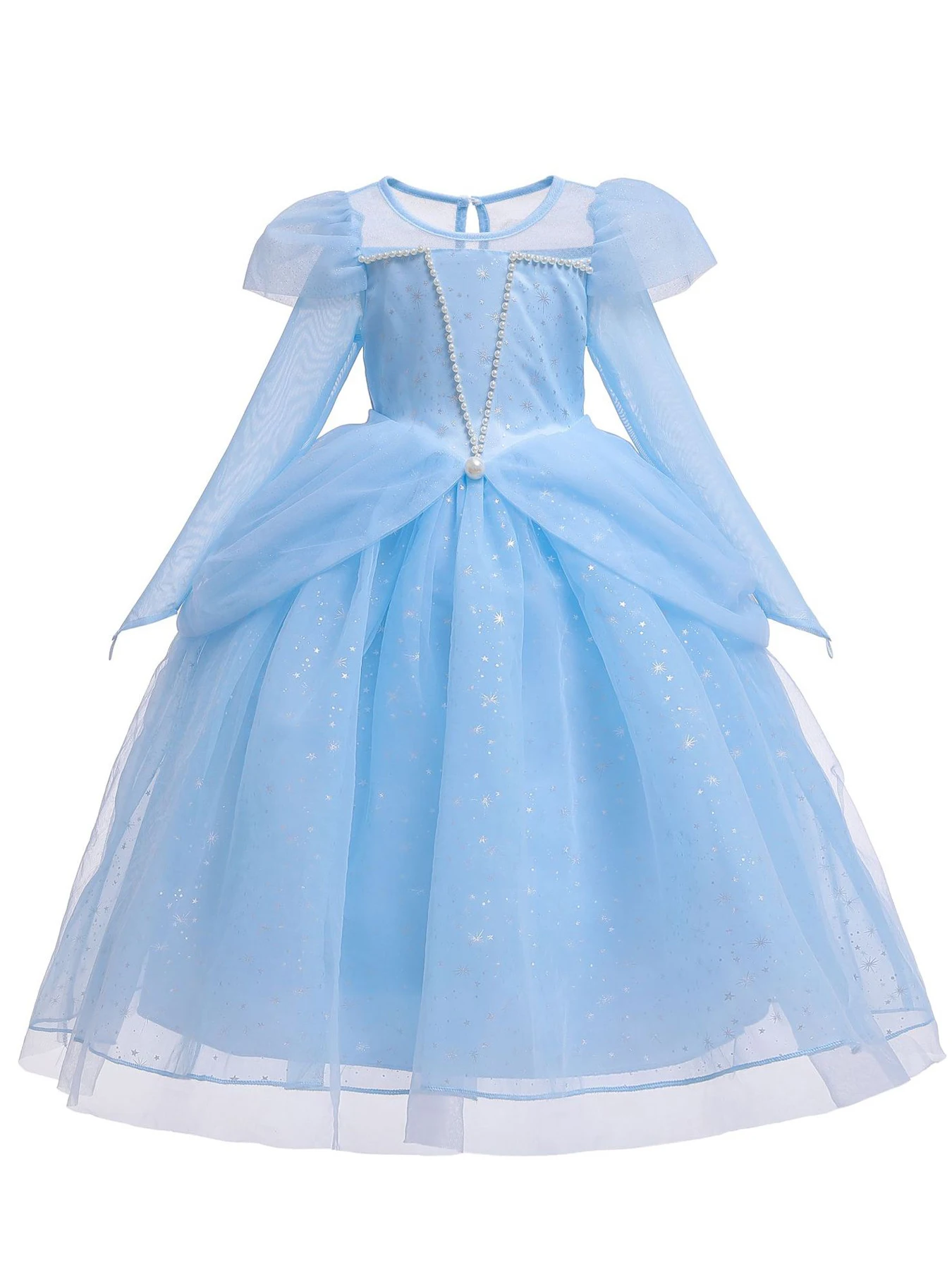 

Girls long sleeve princess dress with imitation pearl decoration, round neck, button and zipper closure, for show, party, gifts