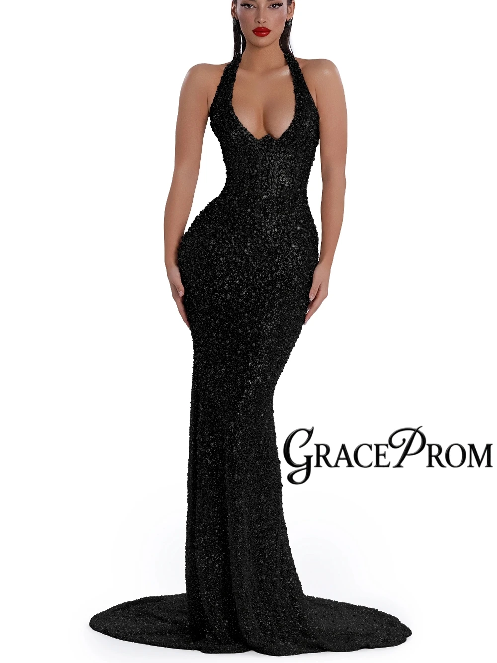 

GRACEPROM Black Halter Evening Dress Sexy Dazzling Mermaid Corset Customized Cocktail Gown Women's Popular Galas Party Wear