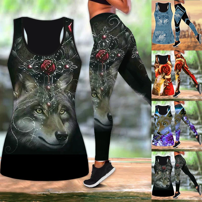 

Wolf Flower 3D All Over Printed Legging + Hollow Tank Combo Pattern Hip Lifting Pencil Pants + Women Backless Suit XS-8XL