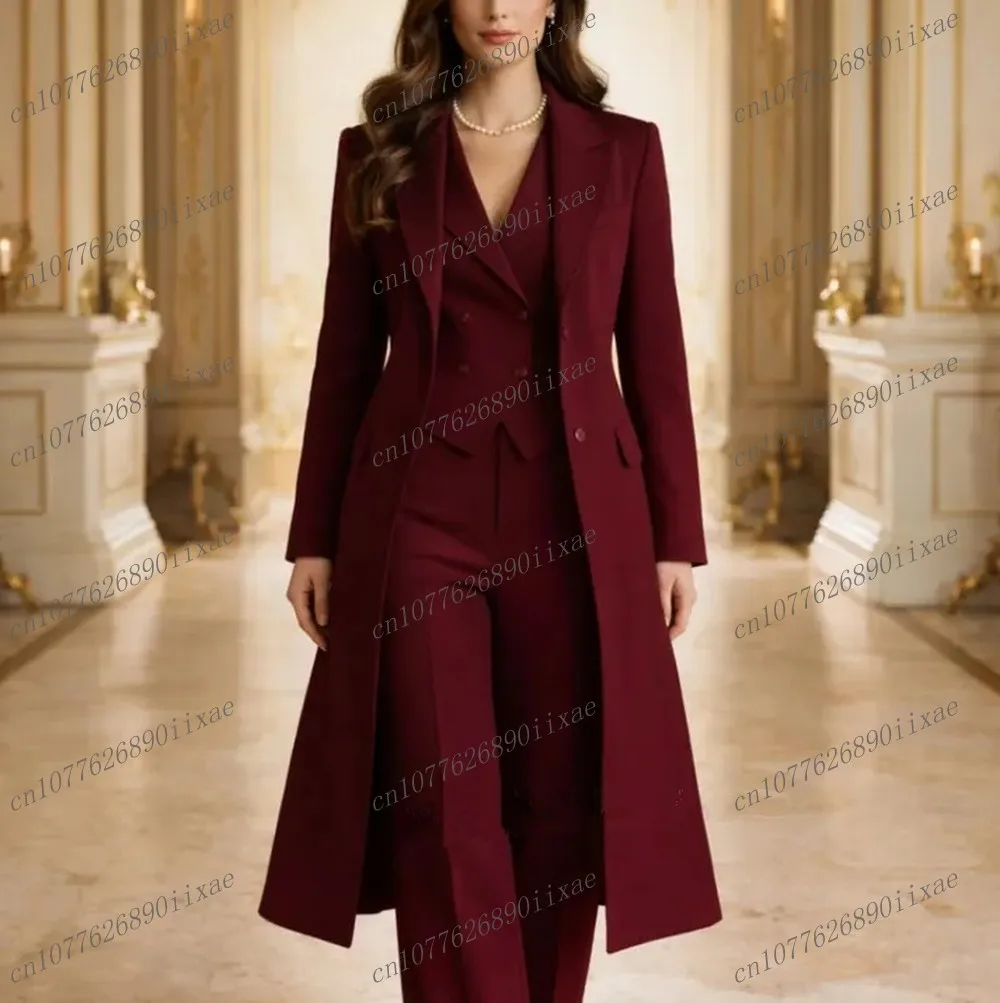 

New Long Burgundy Women Suits Lady Business Office Tuxedos Mother Wedding Party Formal Ladies 3 Piece Jacket Vest Pants