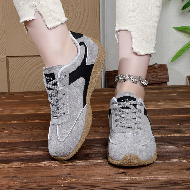 Hot Sale Women 2.5cm Retro Trainer Shoes Round Toe Lace Up Contrast Spliced Upper Soft Anti-Slip Daily Walking Casual Sneakers