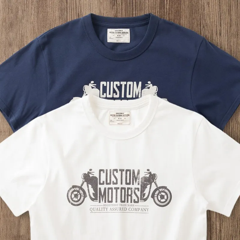 

Мужская футболка Heavyweight из чистого хлопка с круглым вырезом и принтом, в американском ретро-стиле, для мотоциклистов