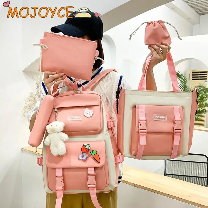

5 PCS Set Backpack Large Capacity Schoolbag Shoulder Bag Pencil Case Set Book Laptop Bag Cute Simple Knapsack with Badge Pendant