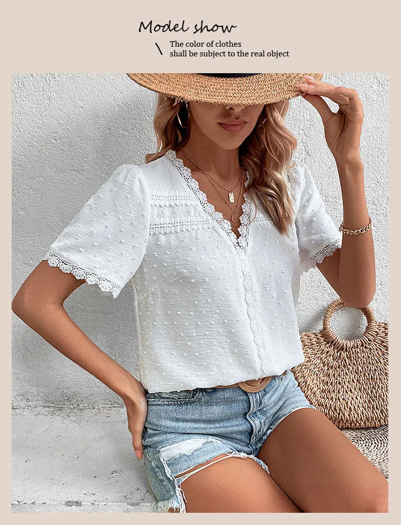 

Fashion Lace Lace Short Sleeved Shirt Women Solid Color Summer Casual V-neck Top For Women 2025