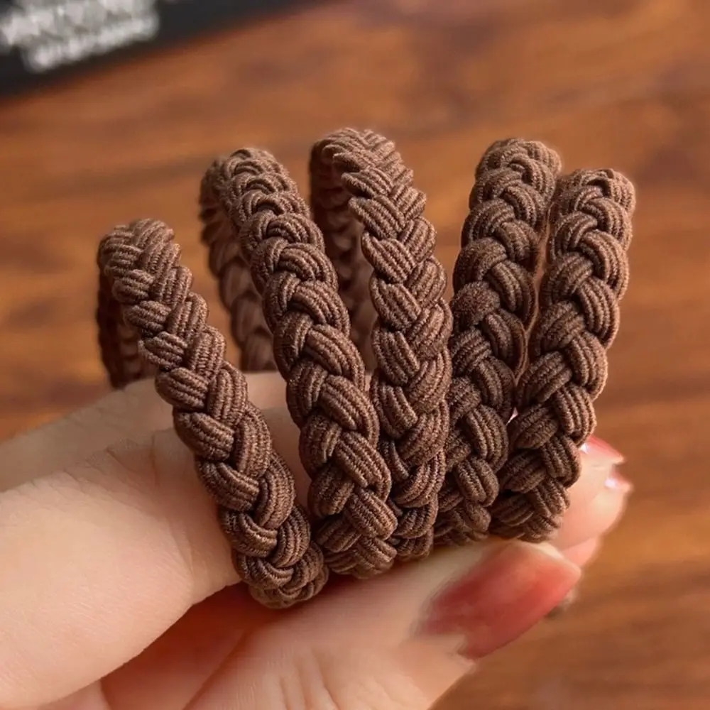 5PSC Coffee Hair Tie Simple Highly Elastic Braided Hair Rope Durable Nylon Hairband Women Girl