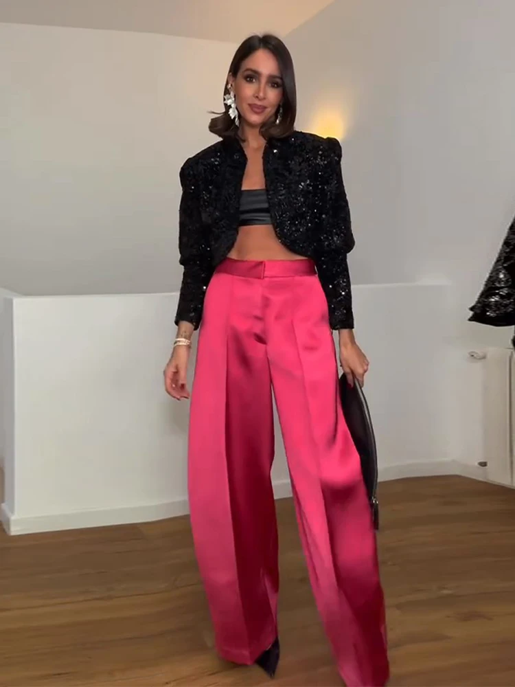 Damskie spodnie różowe satynowe z szerokimi nogawkami, z wysokim stanem, luźne spodnie z kieszeniami, długie spodnie typu latarnia, wiosna 2026, damskie ubrania w stylu Y2k, casualowe.