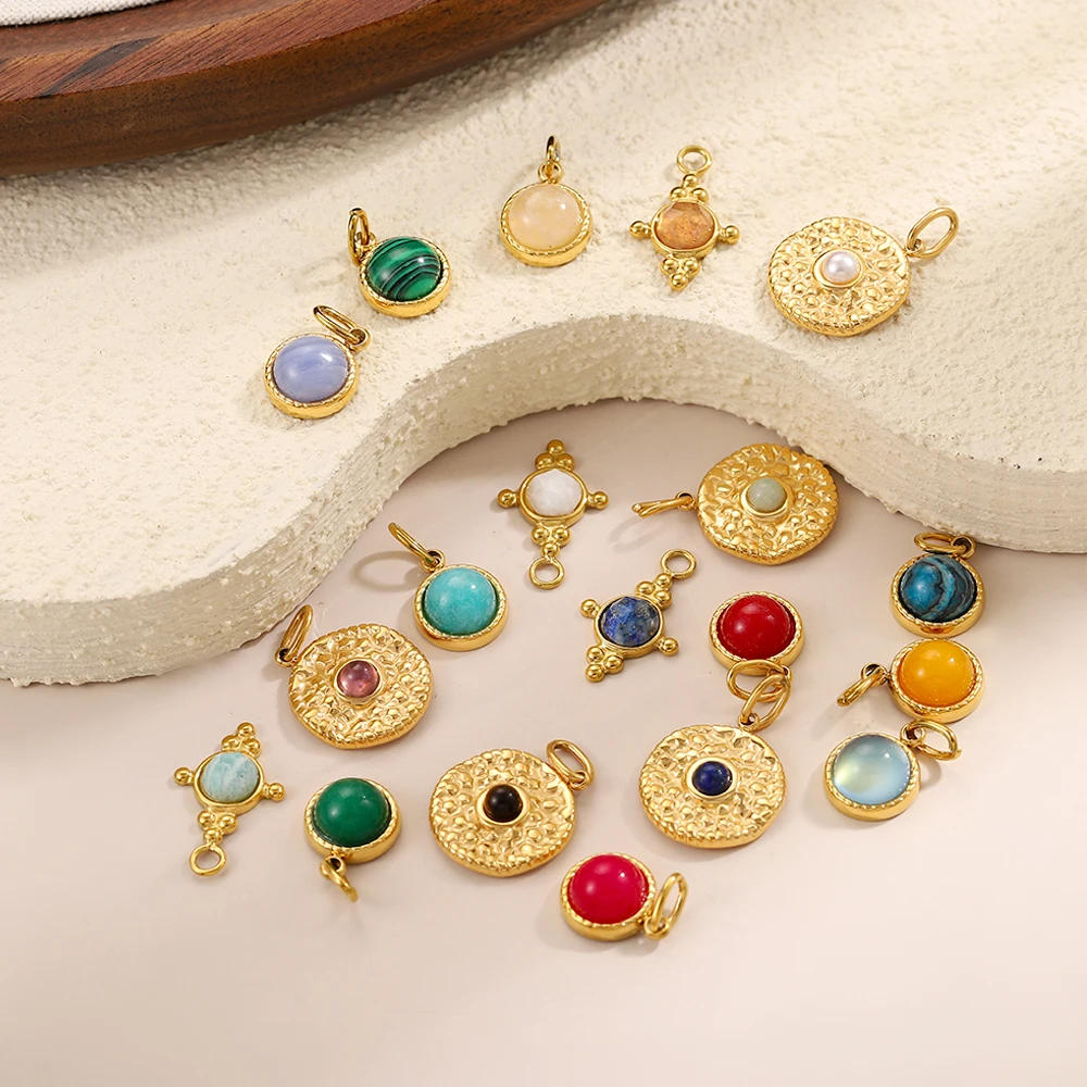 Gold Plated Stainless Steel Natural Stone Charms Set Colorful Pendant DIY Jewelry Earring Bracelet Craft Accessories