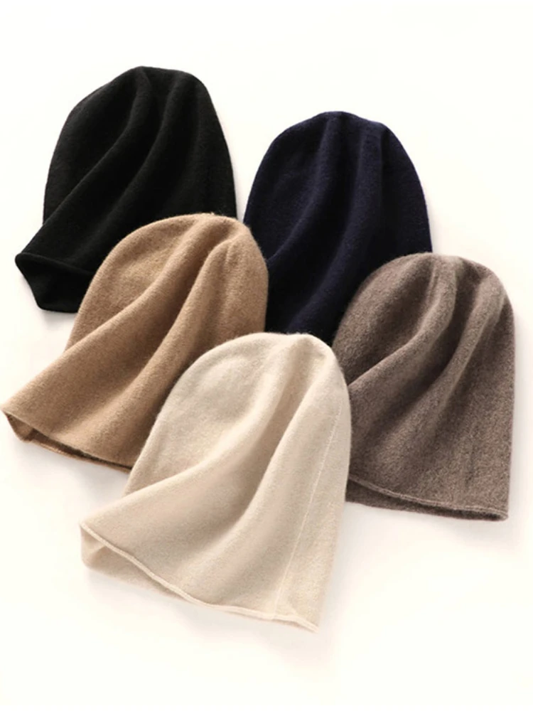 Chapéu monocromático ajustável para mulheres, caxemira 100% pura, tricô simples, chapéu de outono e inverno, acessórios de lã quente espessados, novo