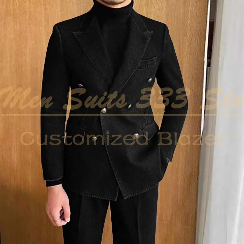

Luxury Men's Suits 2 Piece Jacket Pants Sets Elegant Double Breasted Peak Lapel Slim Fit Full Sets High Quality Denim Outfits