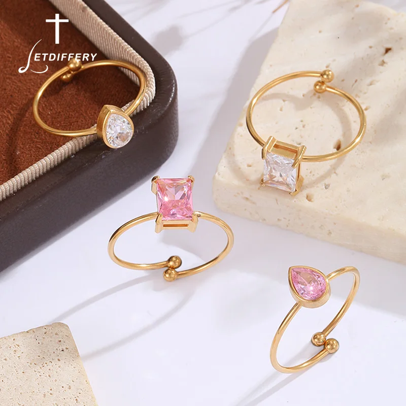 Letdiffery Fashion Colorful Square Teardrop Crystal Ring Stainless Steel Adjustable Pink White  Zircon Open Rings Gift for her