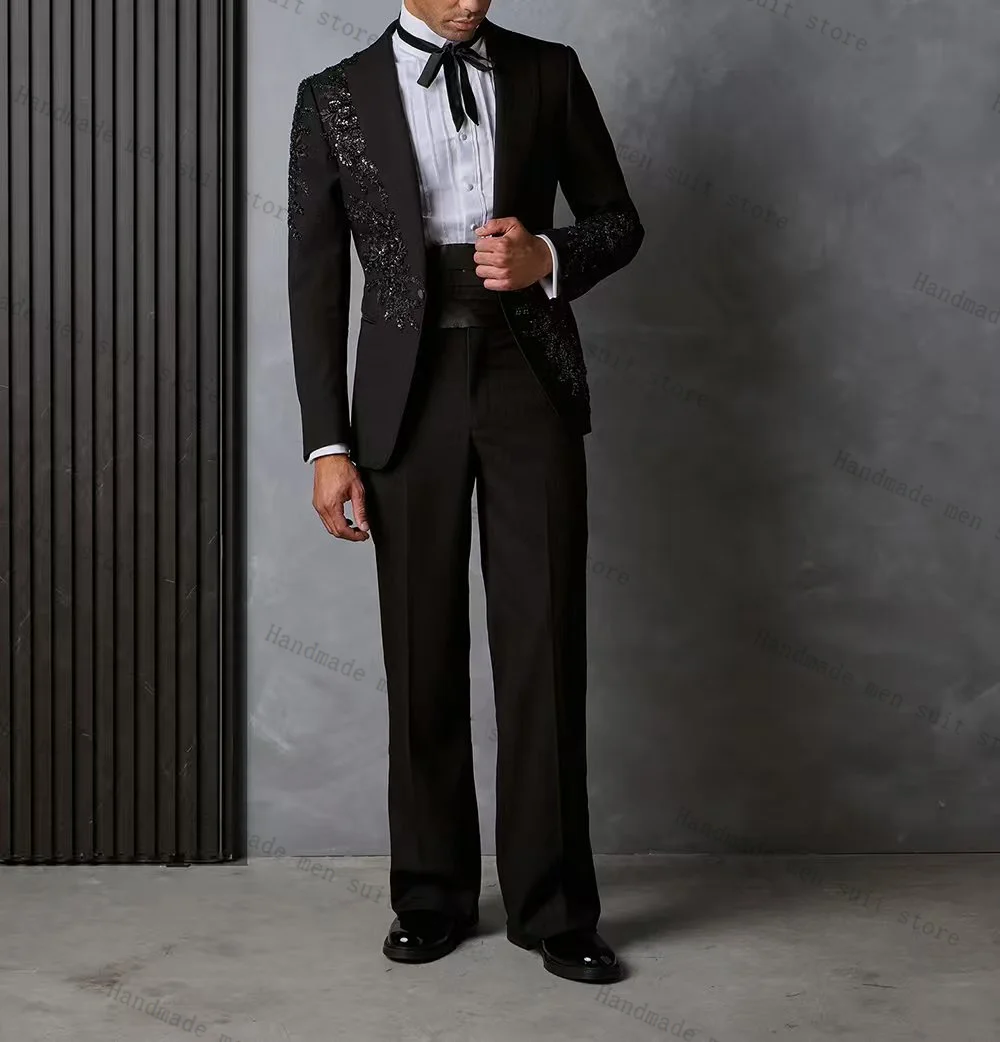 

Black Autumn Men Suits 2 Piece Blazer+Pants Luxury Beaded Wedding Tuxedo Coat Customized Formal Office Business Jacket Trousers